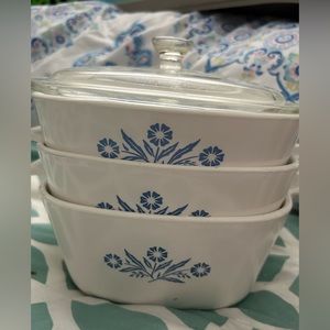Vintage 1960s cornflower blue CorningWare: 3 dishes + lid